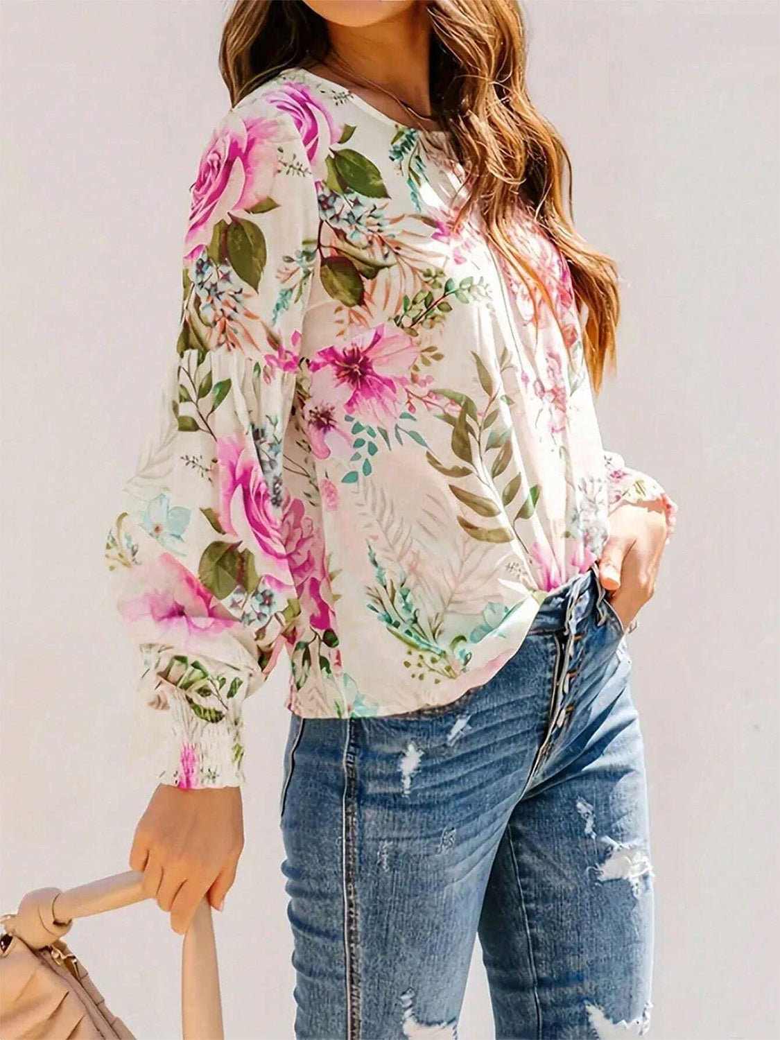 KayBee Printed Round Neck Lantern Sleeve Blouse