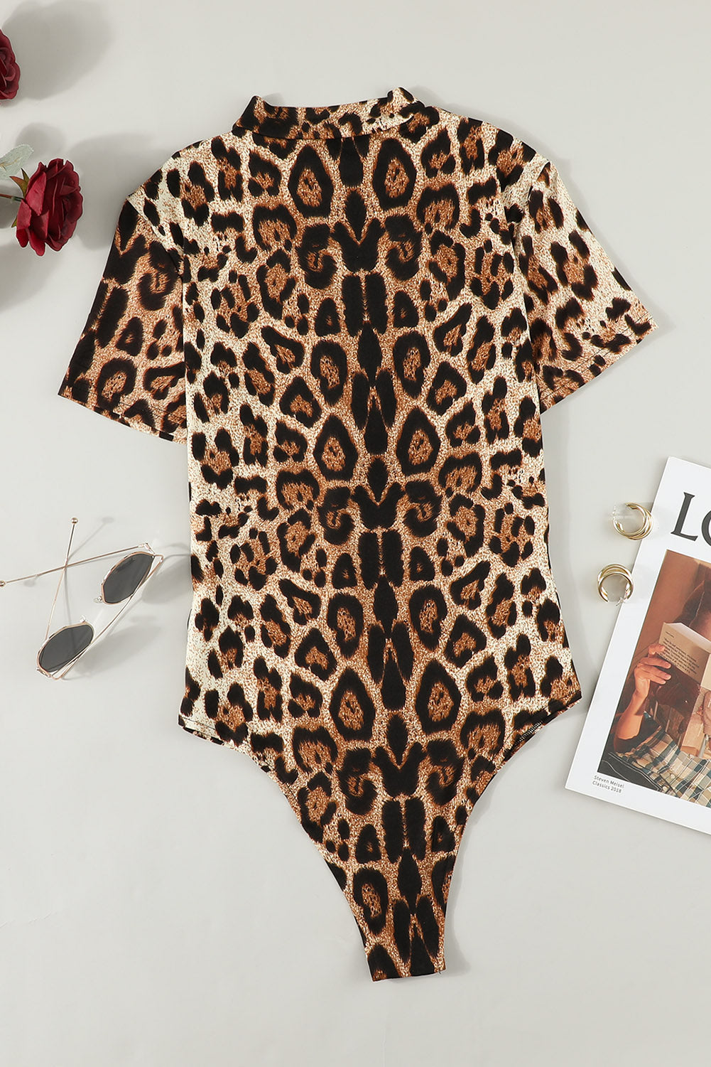 KayBee Leopard Half Zip Short Sleeve Bodysuit