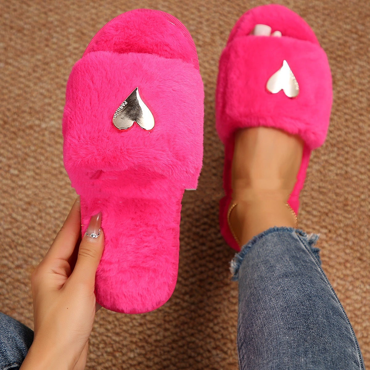 So Plush Faux Fur Heart Slippers