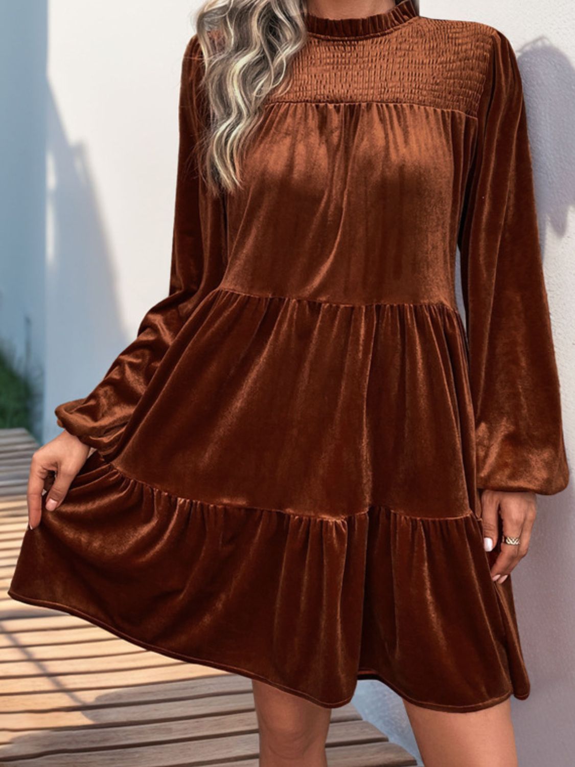 So Perfect Tiered Ruched Mock Neck Long Sleeve Dress