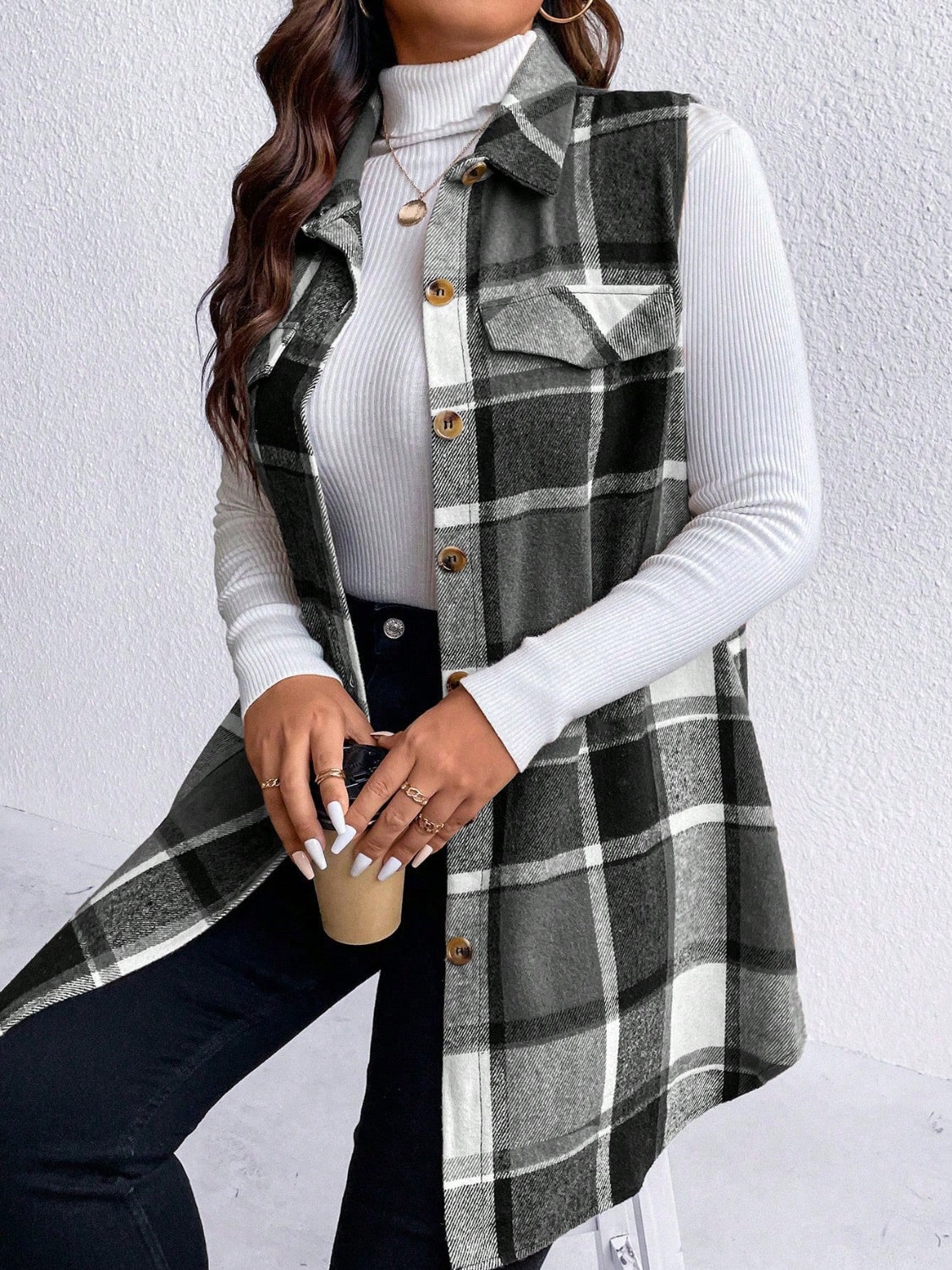 KayBee Honey Pocketed Plaid Button Up Vest Coat
