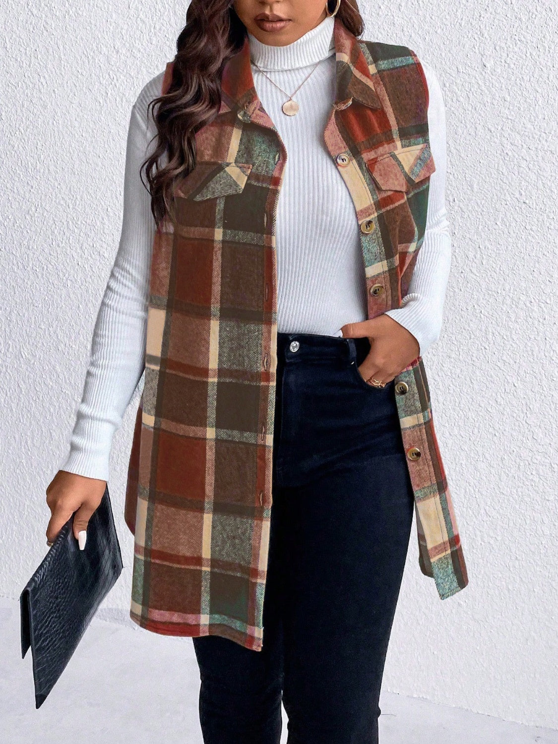 KayBee Honey Pocketed Plaid Button Up Vest Coat