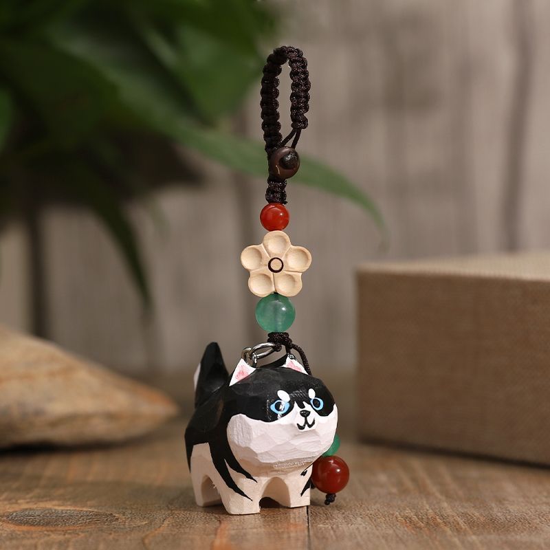 Handmade Wood Carving Shiba Inu w/Mantra Keychain - Other animal options avail