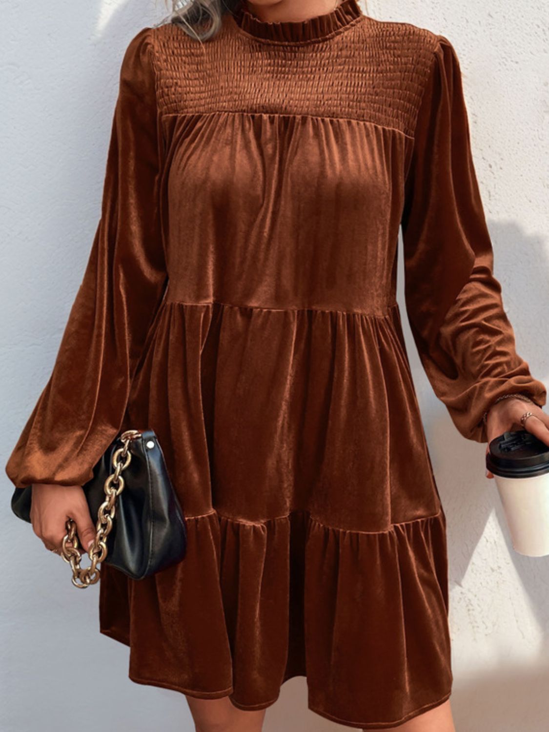 So Perfect Tiered Ruched Mock Neck Long Sleeve Dress