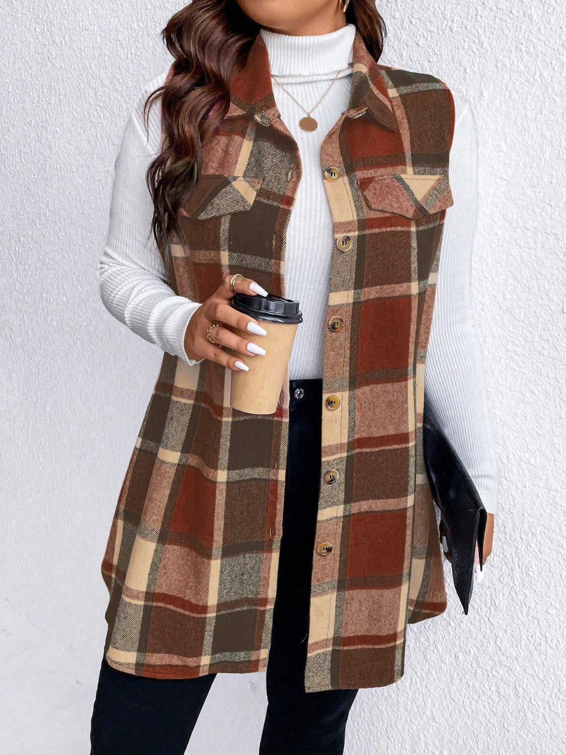 KayBee Honey Pocketed Plaid Button Up Vest Coat