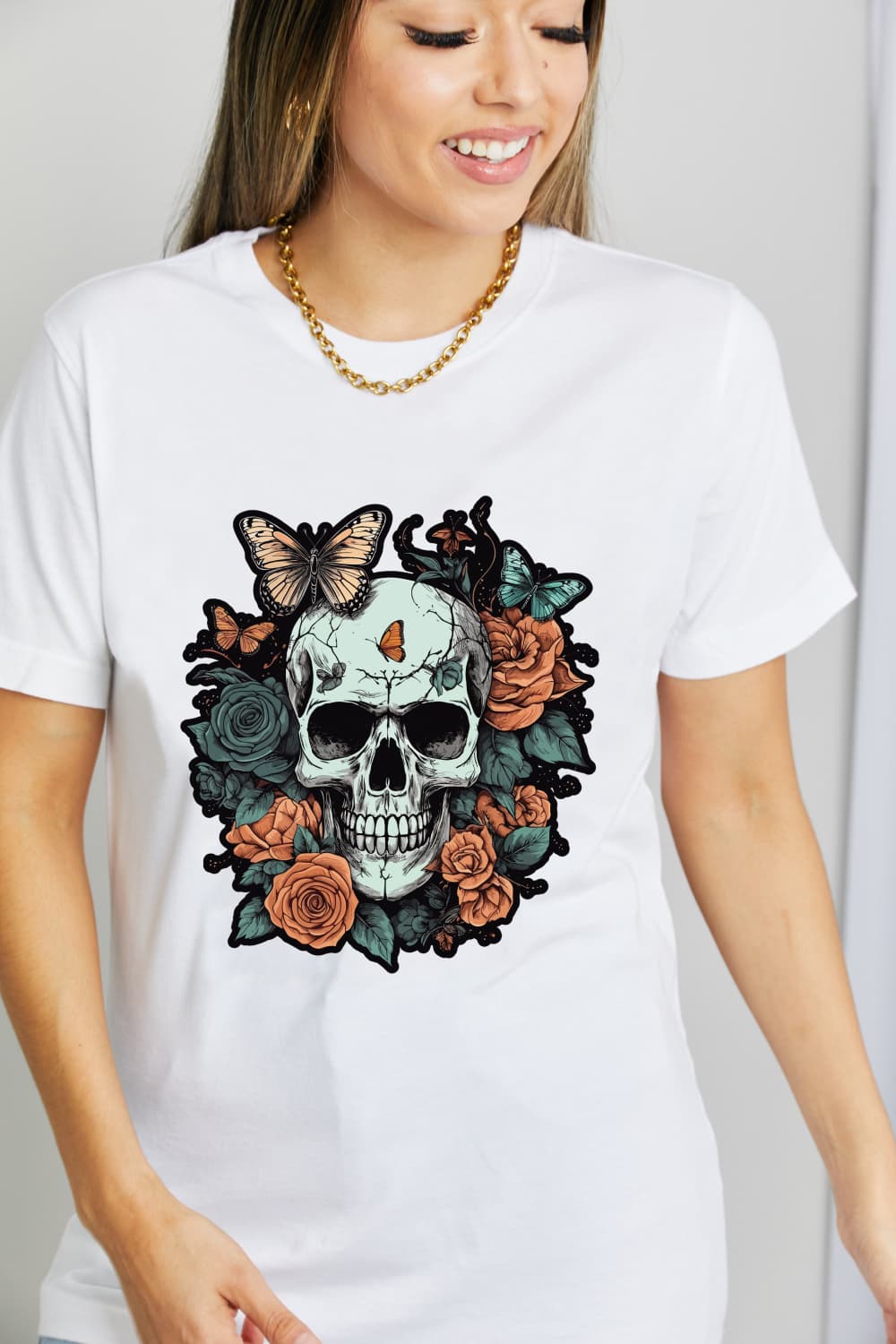 Simply Love SKULLS ROSES BUTTERFLIES Graphic Cotton T-Shirt