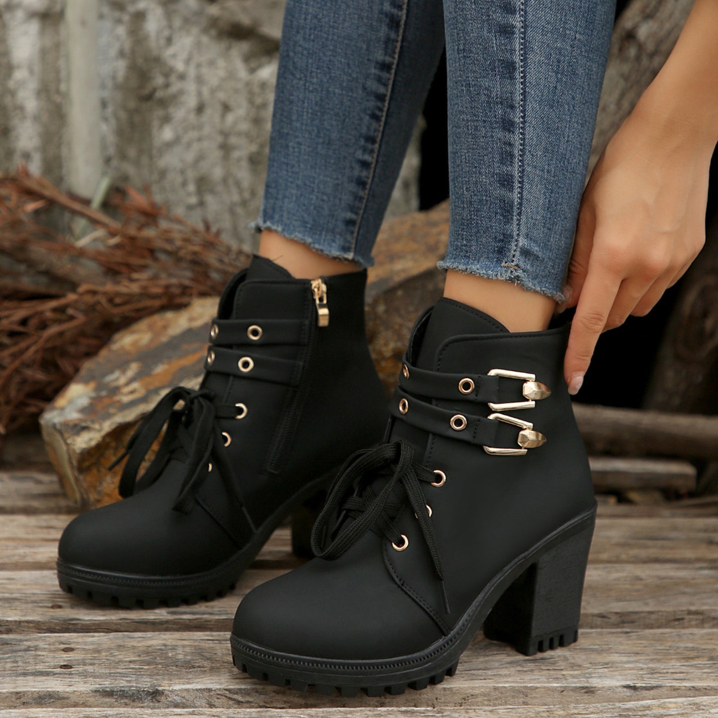KayBee Leather and Buckles Round Toe Block Heel Boots