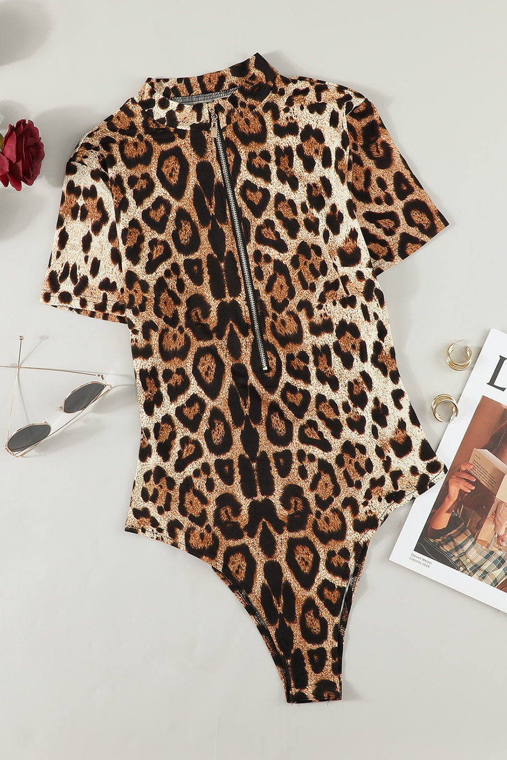 KayBee Leopard Half Zip Short Sleeve Bodysuit