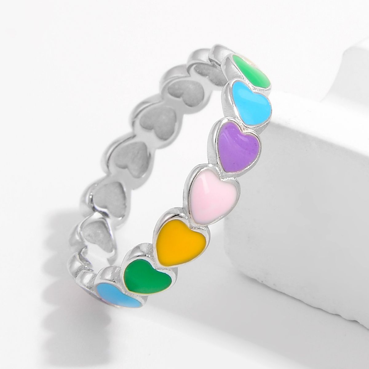 Unique Colorful Sterling Silver Drip Oil Heart Ring