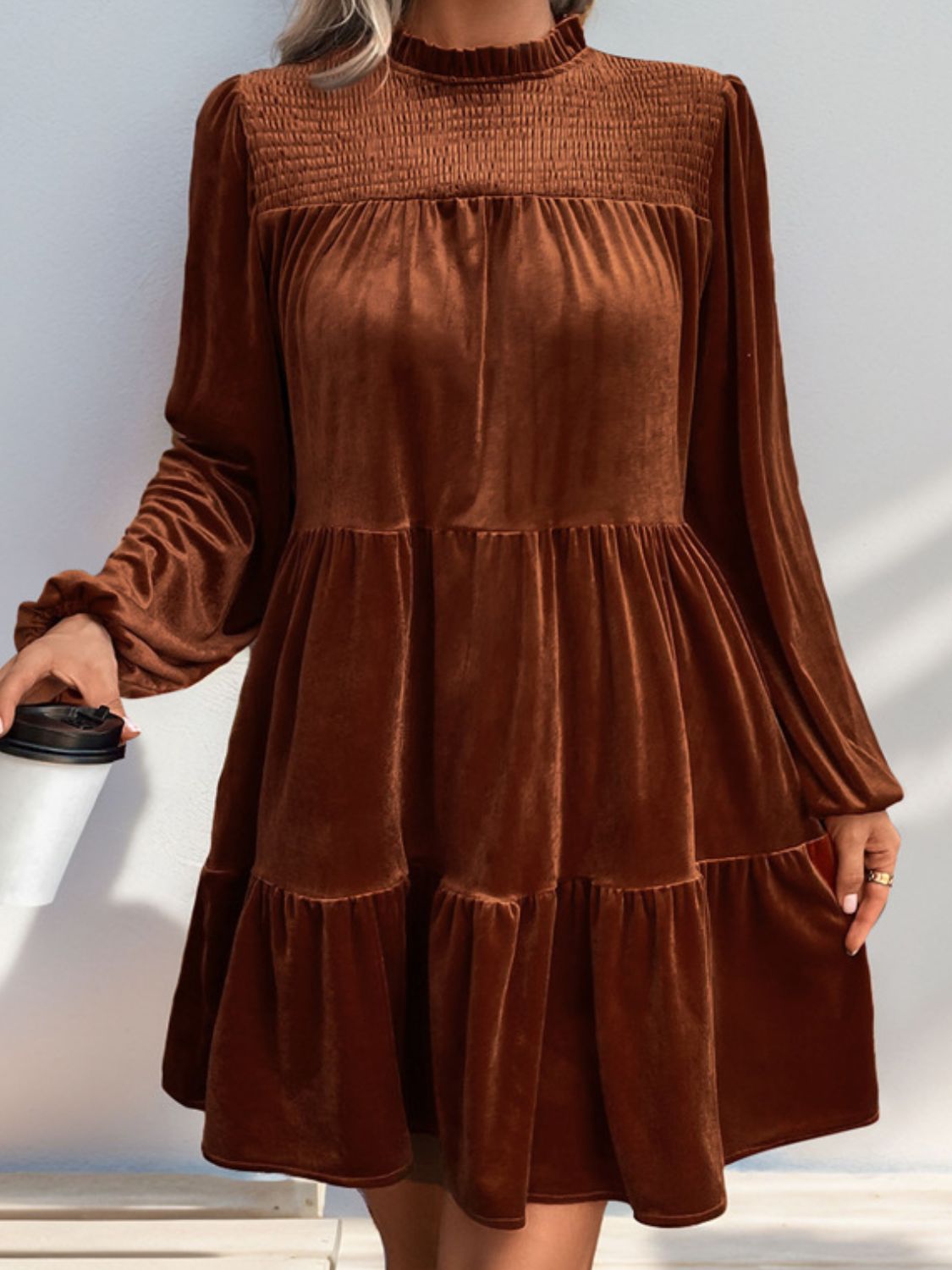 So Perfect Tiered Ruched Mock Neck Long Sleeve Dress
