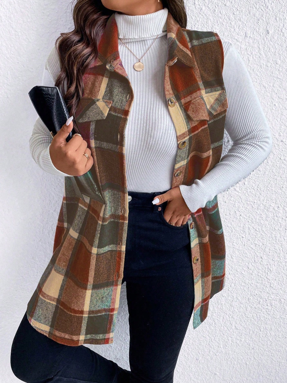 KayBee Honey Pocketed Plaid Button Up Vest Coat