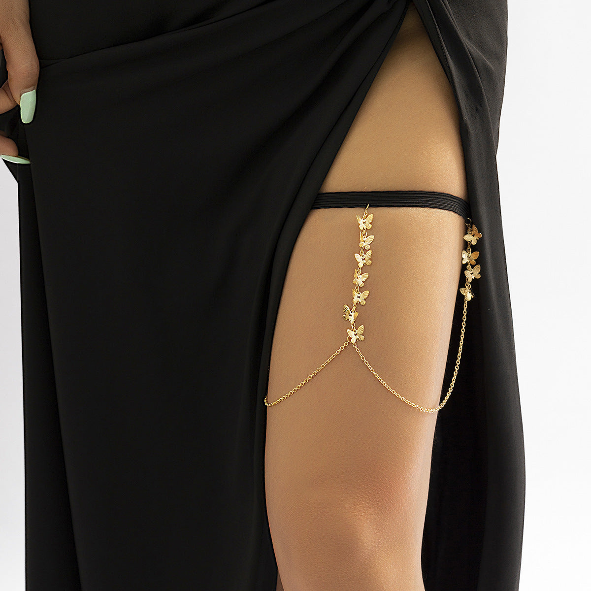 Unique and Sexy Black Stretch Metal Butterfly Fringe Thigh Chain