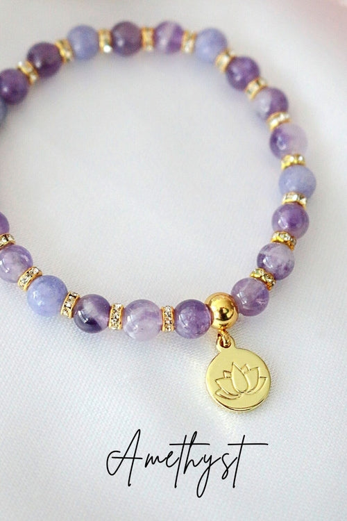 Handmade Rose Quartz – Amethyst Beaded Bracelet | 24K Lotus Flower Charm