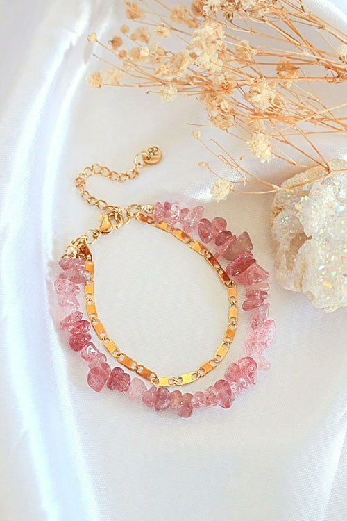 Handmade and Exquisite Strawberry Quartz & 24 Karats Double-Layered Bracelet