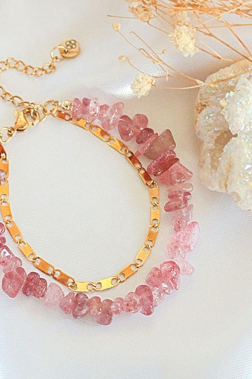 Handmade and Exquisite Strawberry Quartz & 24 Karats Double-Layered Bracelet