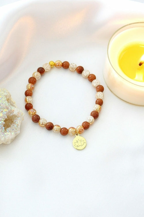 Handmade Goldstone Bracelet | 24K Lotus Flower Charm