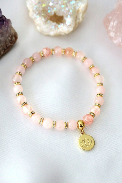 Handmade Rose Quartz – Amethyst Beaded Bracelet | 24K Lotus Flower Charm