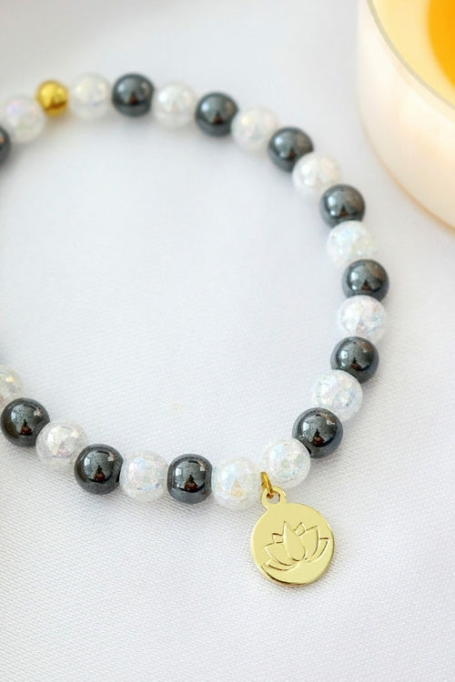 Handmade Hematite Bracelet | 24K Lotus Flower Charm