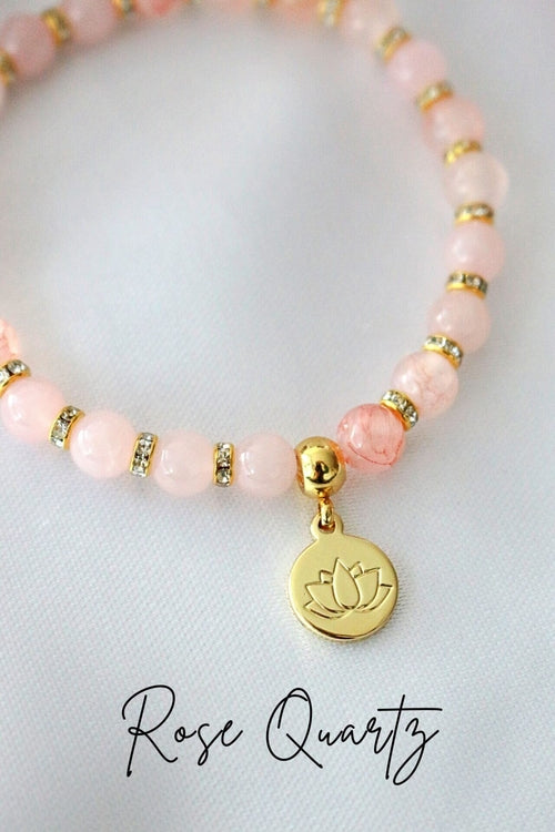 Handmade Rose Quartz – Amethyst Beaded Bracelet | 24K Lotus Flower Charm