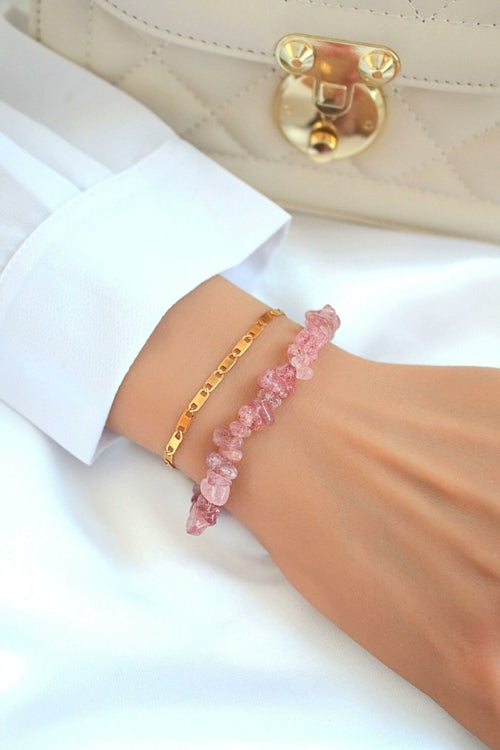 Handmade and Exquisite Strawberry Quartz & 24 Karats Double-Layered Bracelet