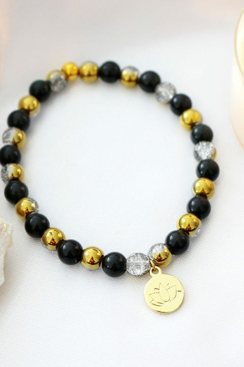 Handmade Obsidian Bracelet | 24K Lotus Flower Charm