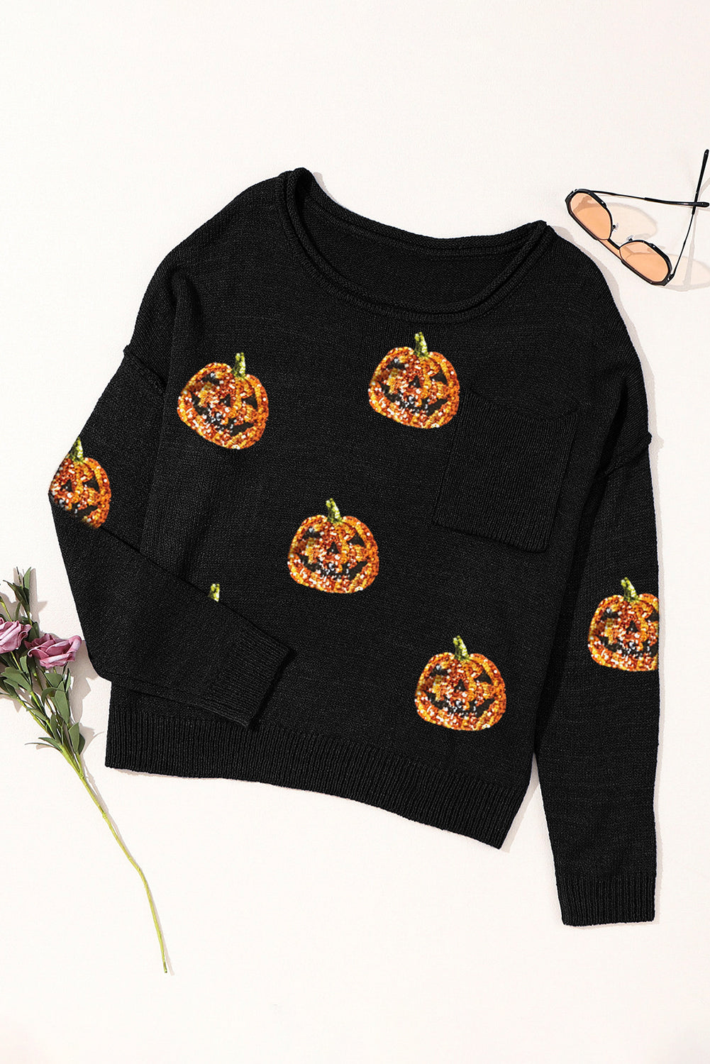 KayBee So Spooky Halloween Off Shoulder Sequin Pumpkins Round Neck Long Sleeve Knit Top