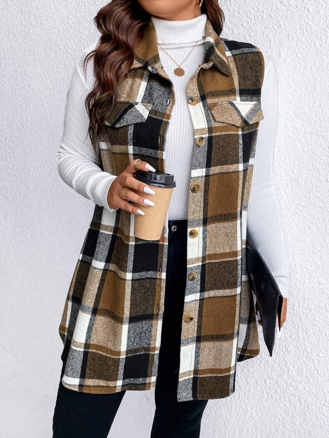 KayBee Honey Pocketed Plaid Button Up Vest Coat
