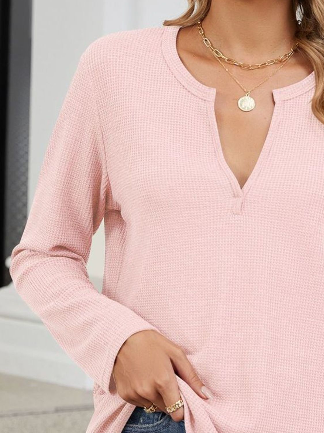 KayBee So Cozy Waffle-Knit Notched Long Sleeve T-Shirt
