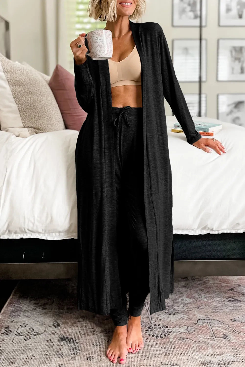 KayBee Open Front Long Sleeve Cardigan and Pants Lounge Set