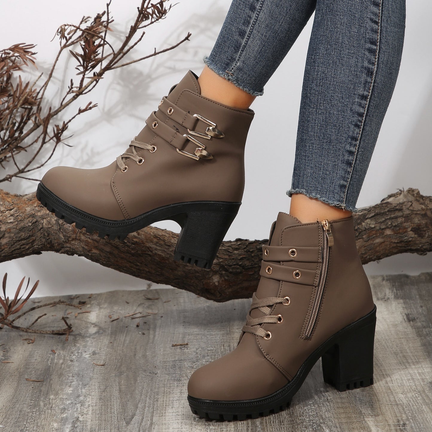 KayBee Leather and Buckles Round Toe Block Heel Boots