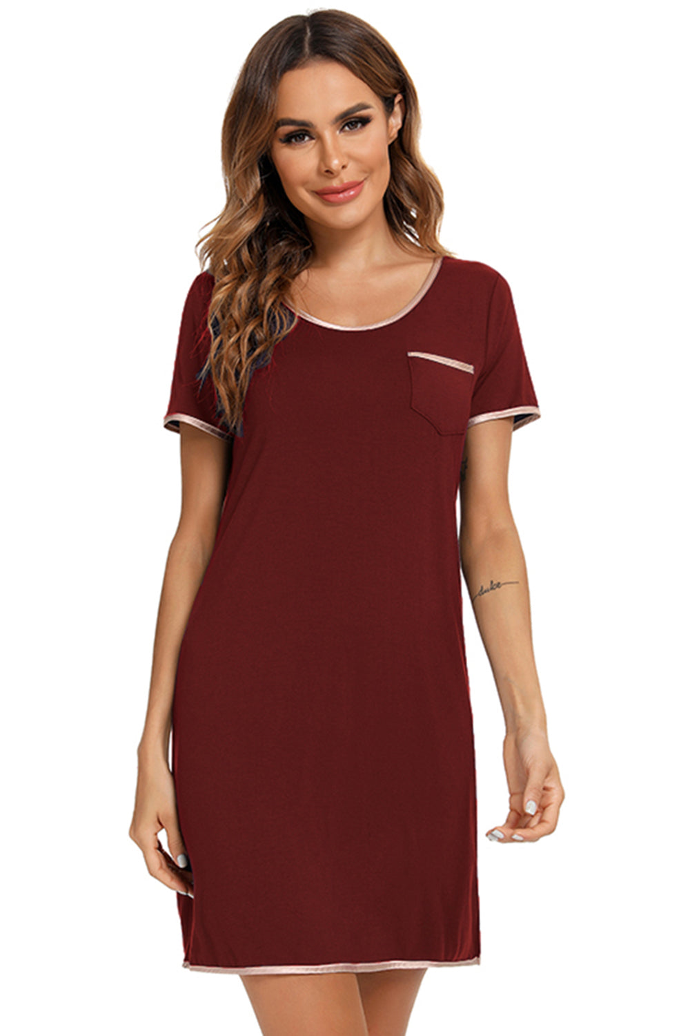 KayBee Contrast Trim Pocketed Round Neck Lounge Dress
