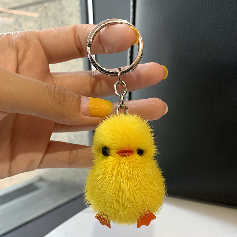 Mini Mink Hair Small Yellow Duck Car Key Ring