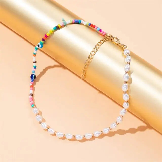 Radiant BoHo Style Colorful Beaded Pearl Choker