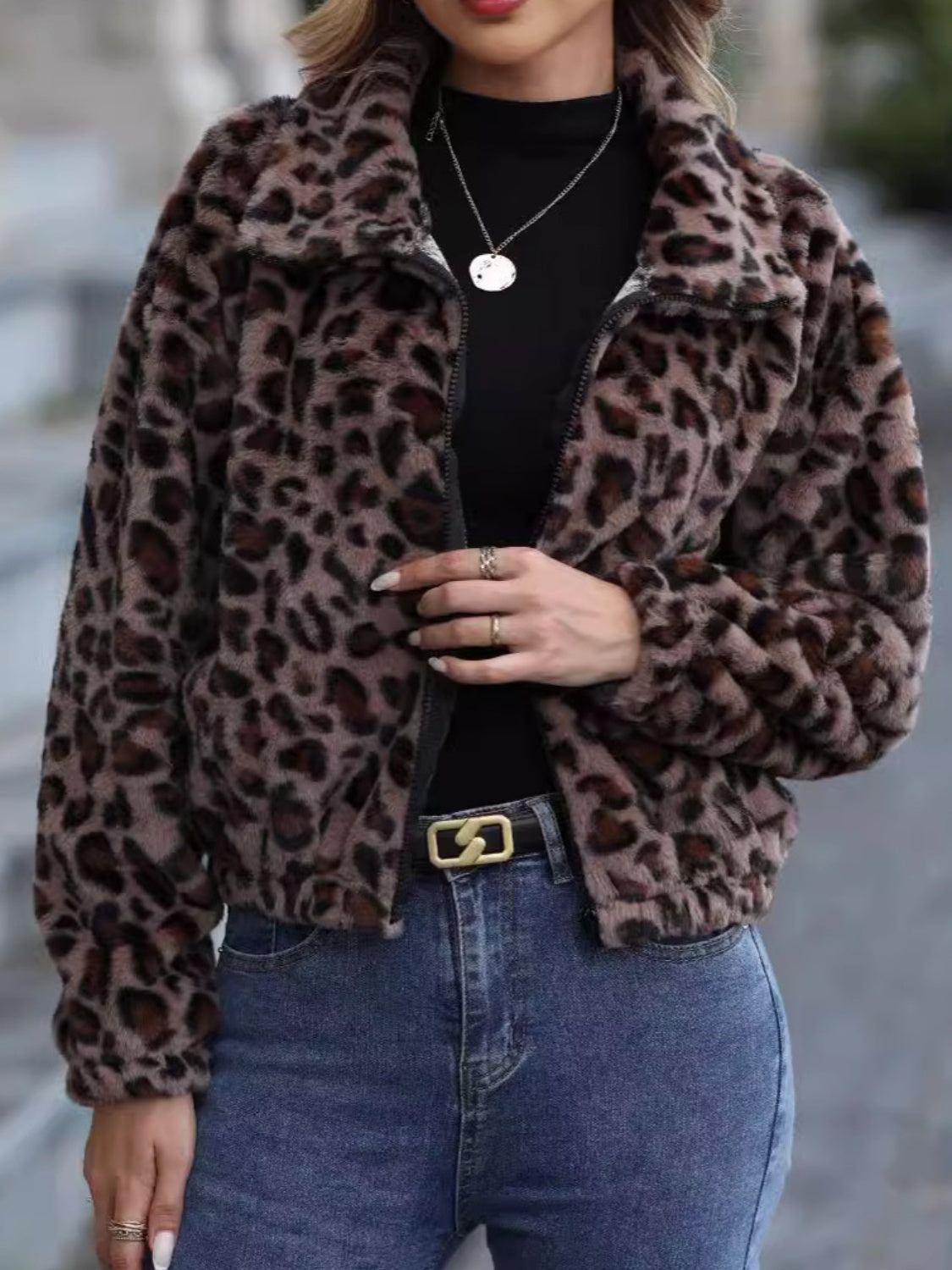 KayBee Leopard Collared Neck Zip Up Jacket