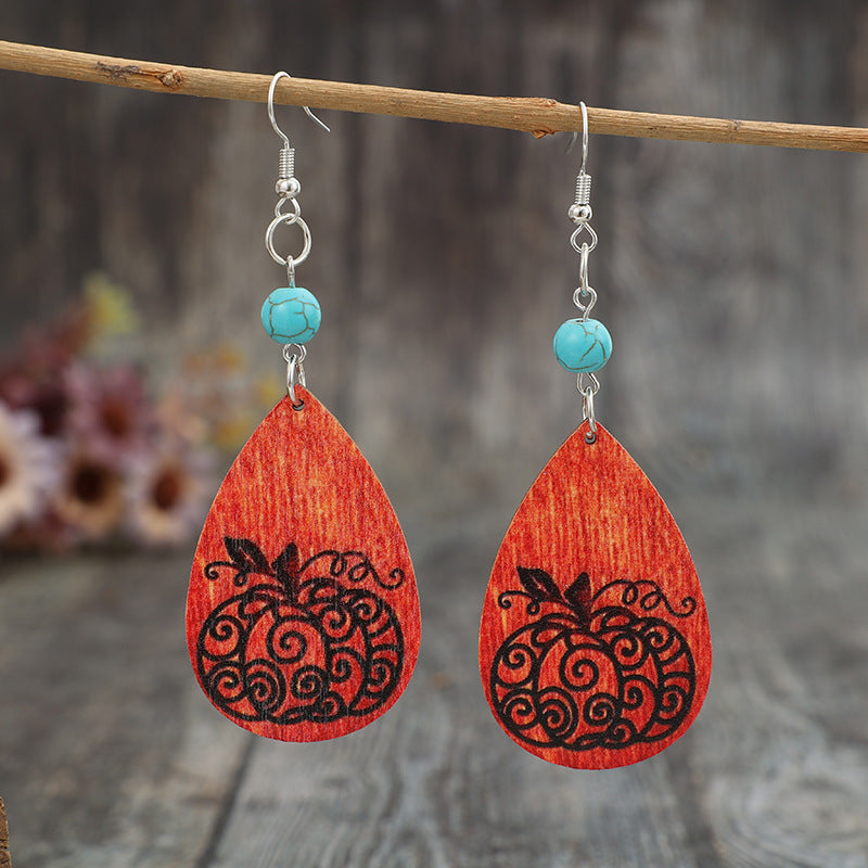 KayBee So Spooky Halloween Turquoise Wooden Pumpkin Teardrop Earrings