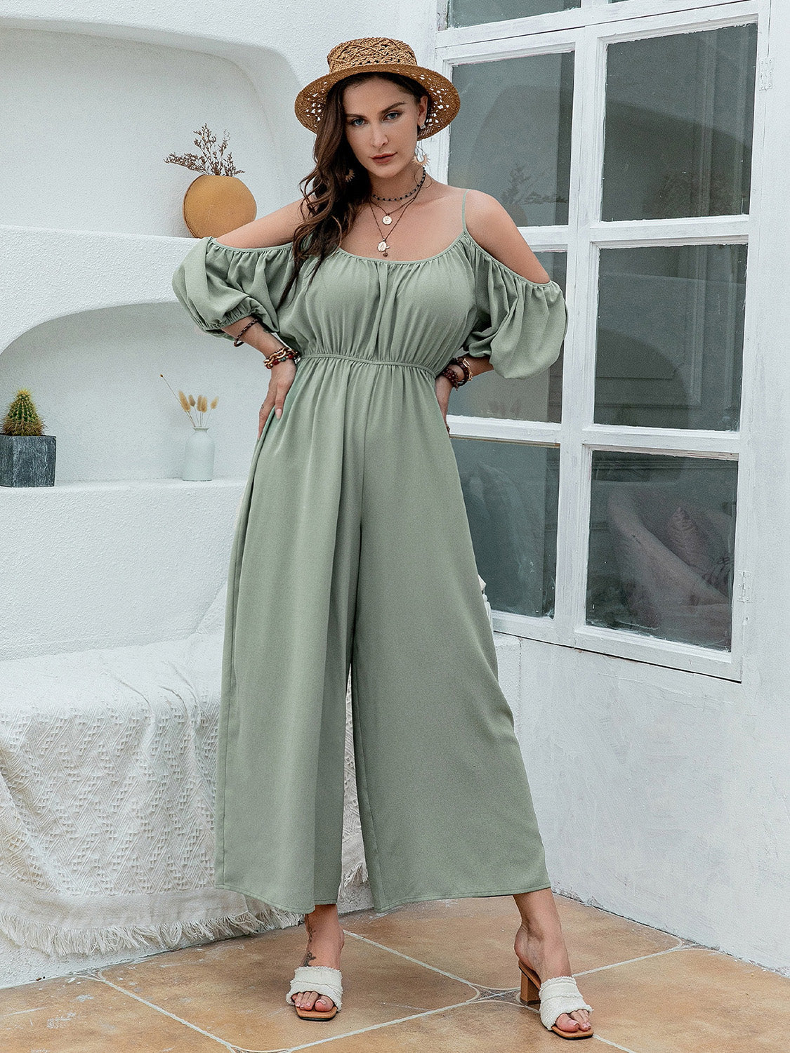 KayBee Plus Spaghetti Strap Wide Leg Jumpsuit