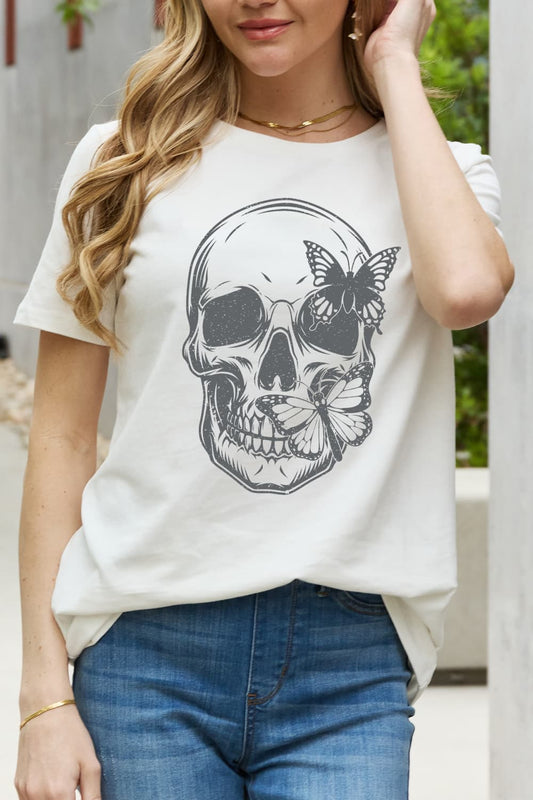 Simply Love Skull with Butterfly Graphic Cotton T-Shirt