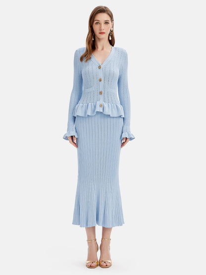 KayBee Ruffled V-Neck Top and Midi Skirt Sweater Set