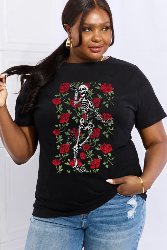 Simply Love Skeleton & Rose Graphic Cotton Tee