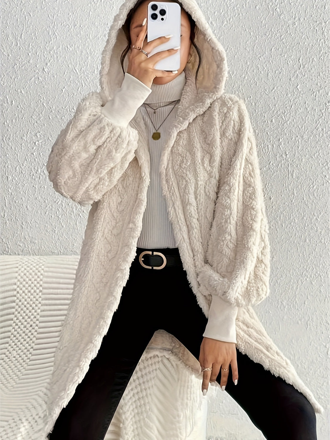 KayBee Open Front Long Sleeve Fuzzy Hooded Jacket