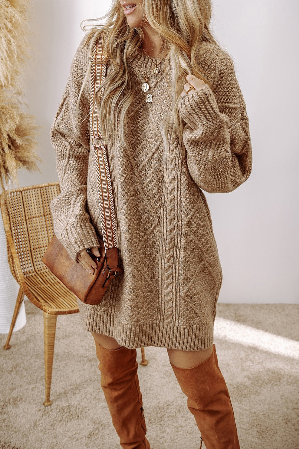 KayBee Cable-Knit Round Neck Sweater Dress