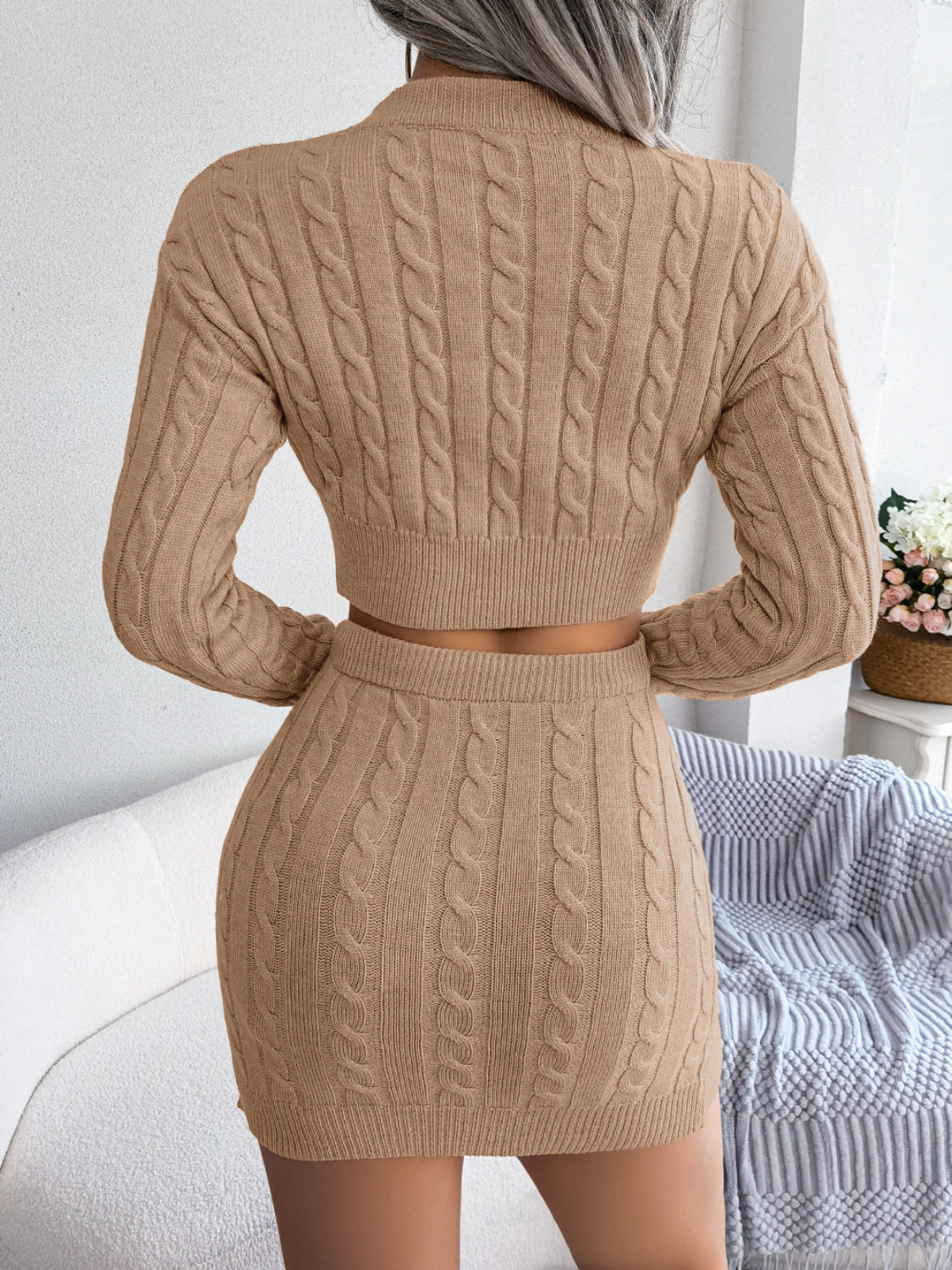 KayBee Cable-Knit Round Neck Top and Skirt Sweater Set