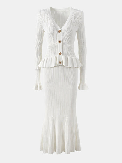 KayBee Ruffled V-Neck Top and Midi Skirt Sweater Set