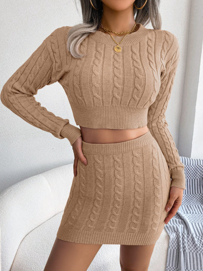 KayBee Cable-Knit Round Neck Top and Skirt Sweater Set