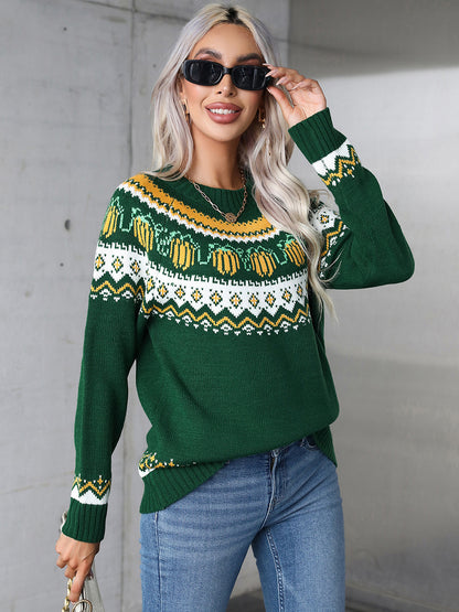 Angel Wings Pumpkins Geometric Round Neck Long Sleeve Sweater