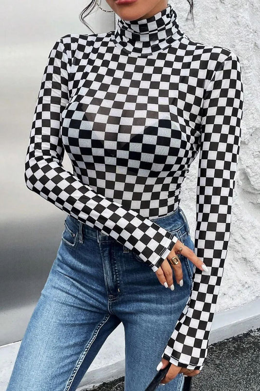 KayBee Checkered Turtleneck Long Sleeve Bodysuit