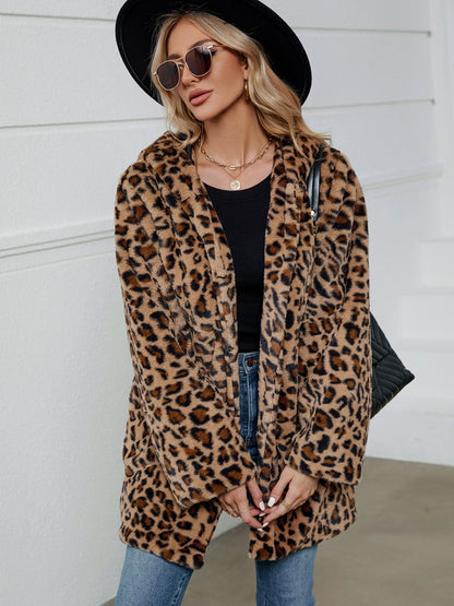 KayBee Fuzzy Leopard Hooded Long Sleeve Jacket