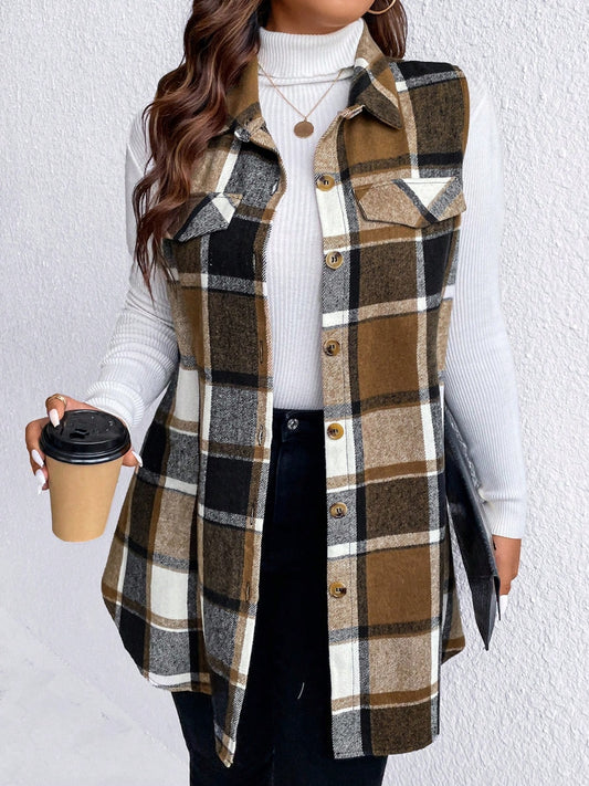 KayBee Honey Pocketed Plaid Button Up Vest Coat