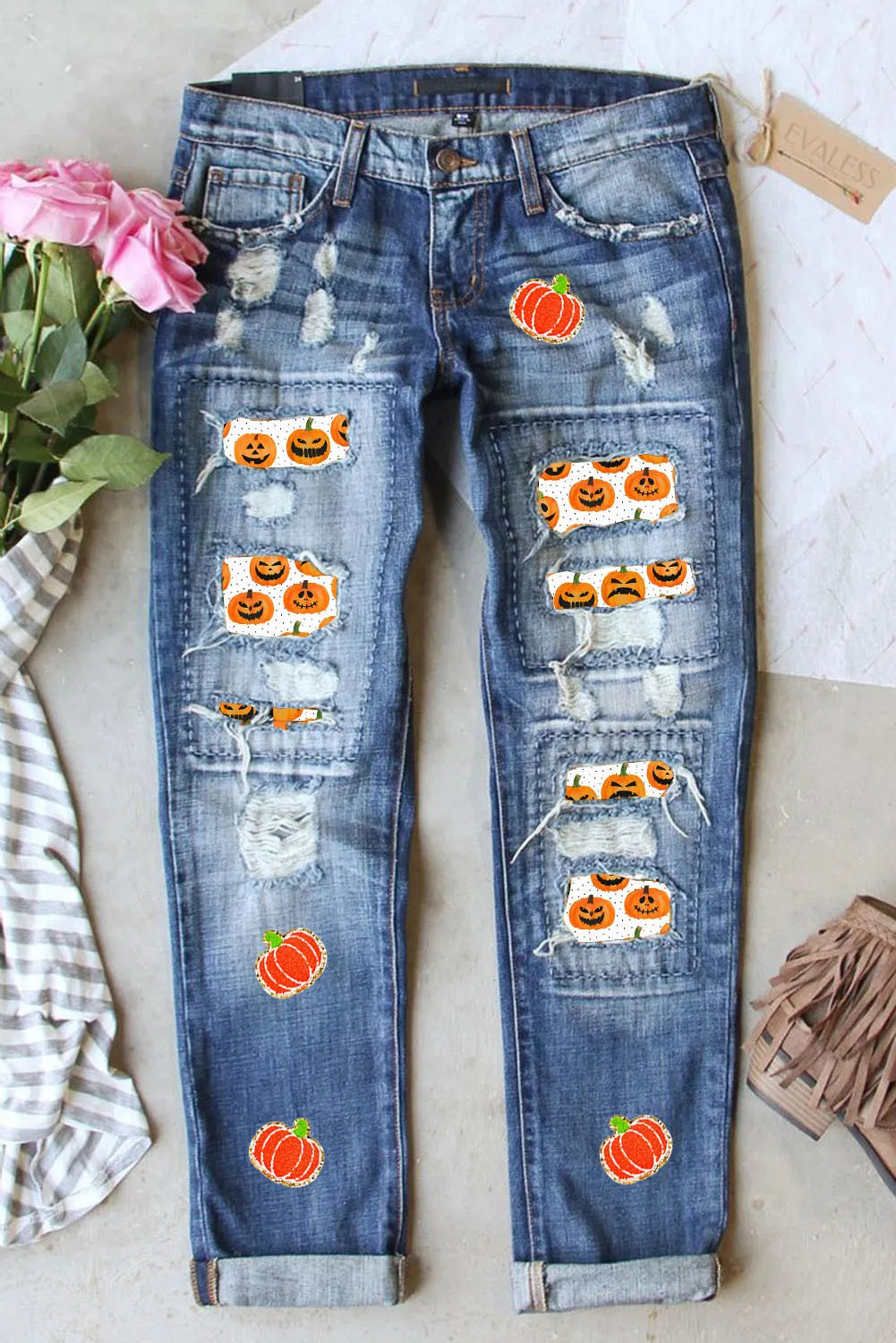 KayBee So Spooky Halloween Distressed Pumpkin Jeans with Pockets