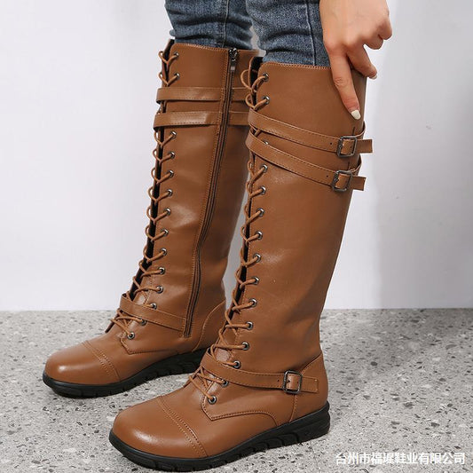 KayBee Round Toe Front Lace-up High Tube Side Zipper Knight Boots